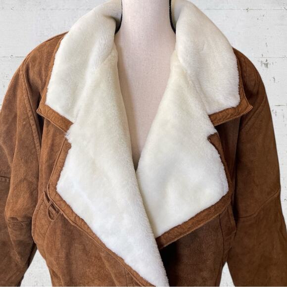 Vintage Karizma Brown Suede Leather Moto Jacket Faux Fur Shearling Size L - Picture 2 of 11